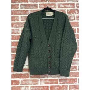 Aran Crafts Mens Irish Cable Knit Cardigan Sweater Green GUC Size Medium